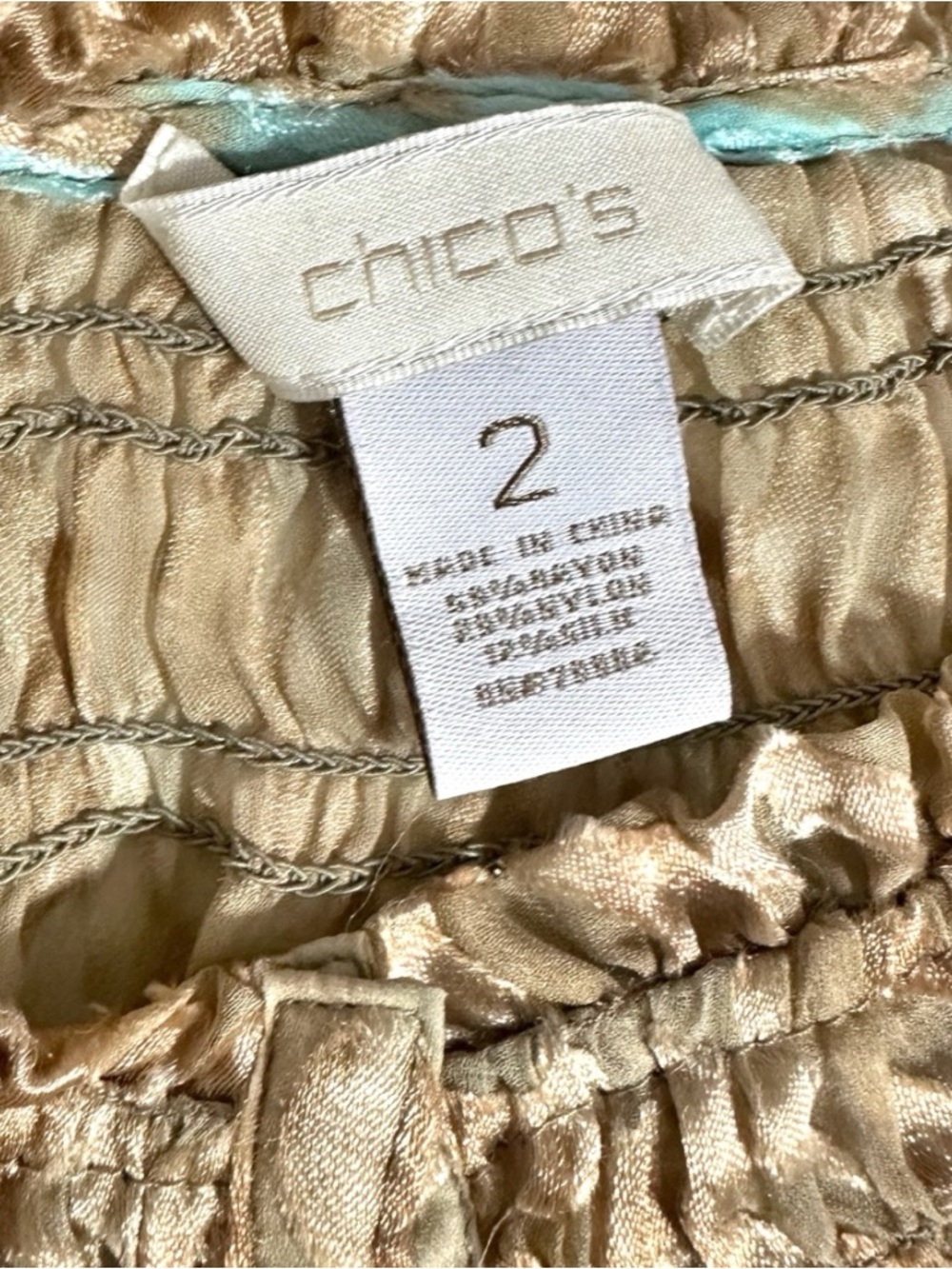 Chico's Teal/Tan Peasant Lightweight Blouse - Size 2 / Large - Picture 7 of 7